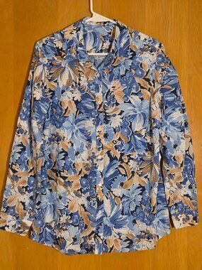 J McLaughlin Button Up L/S Lois Shirt Womens L Blue Tan Floral Cotton Hawaiian